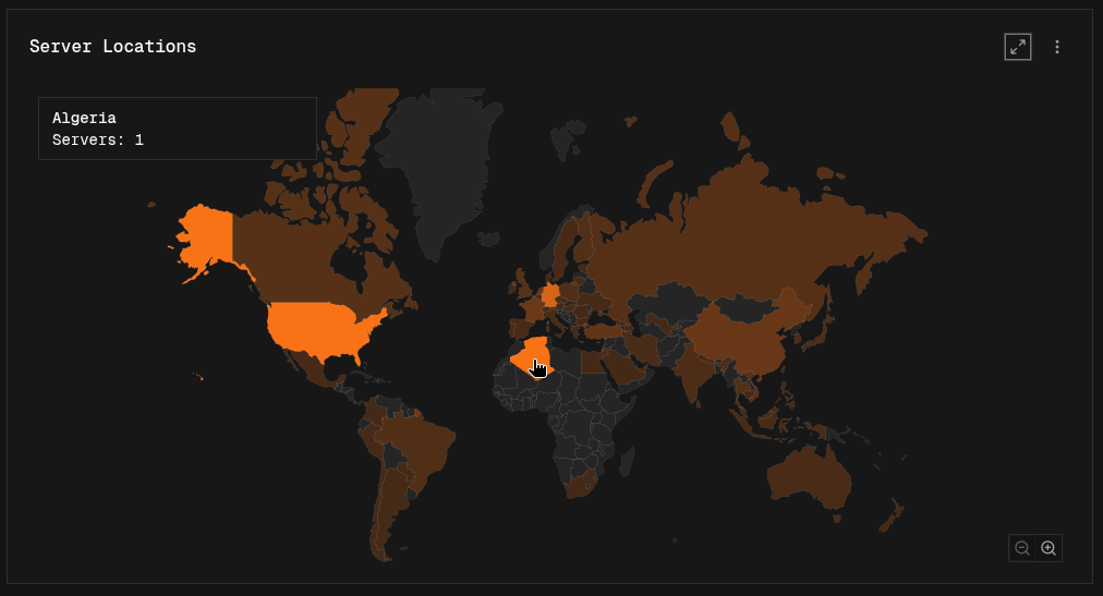 World map of server locations with Algeria hovered, showing Servers: 1